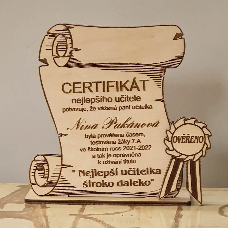 Certifikát pre učiteľku - vlastný text Certifikát pre učiteľku - vlastný text