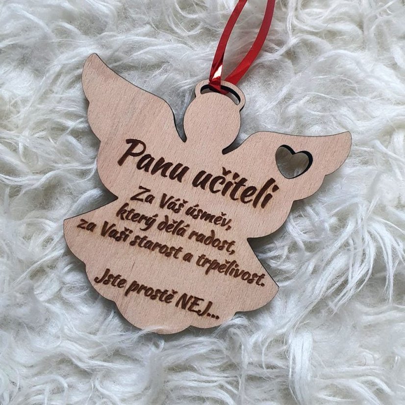 Drevený anjelik pre učiteľku, vychovávateľku, s vlastným textom, 10 cm - Nápis na anjela: Pani učiteľke Za Váš úsmev, ktorý robí radosť, za Vašu starostlivosť a trpezlivosť Ste jednoducho NAJ...